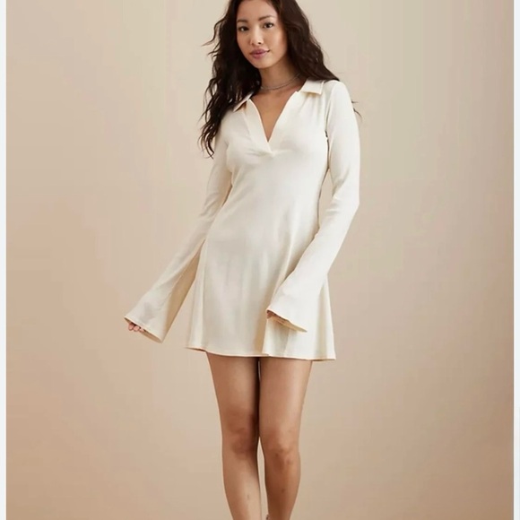 NWT American Eagle Outfitters Collared Winter White Knit Mini Dress Size L - Picture 1 of 8